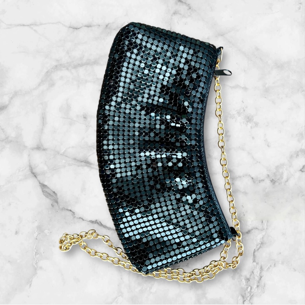 Black metallic sparkly Clutch with Gold Chain